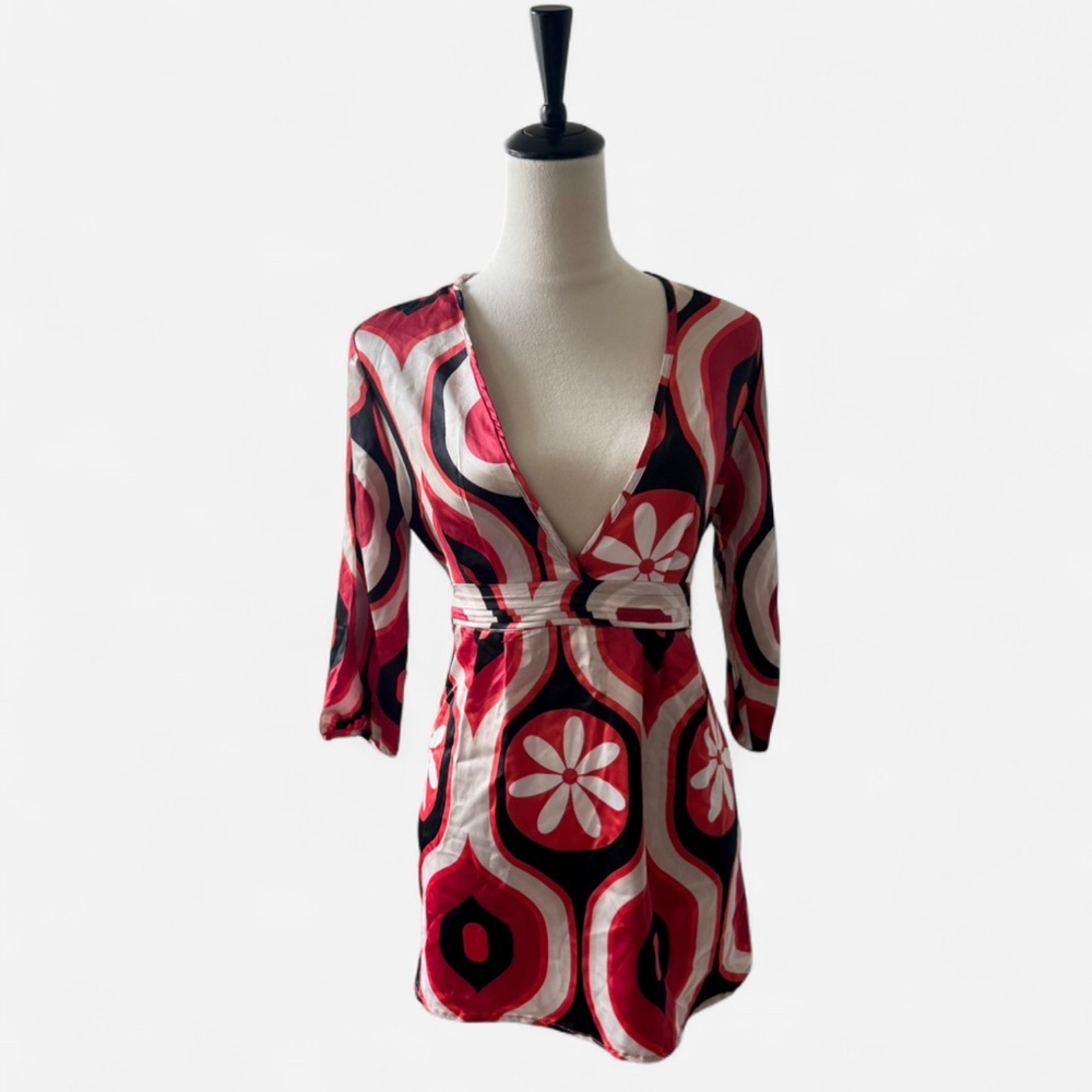 Y2K vintage 2000’s red abstract floral print mini dress satin shiny size M